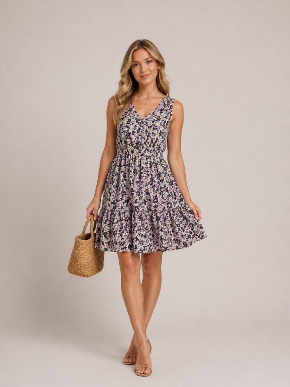 Nine West Flowy Floral Dress Size 6 Ruffle, feminine Cotton Blend Halter Top